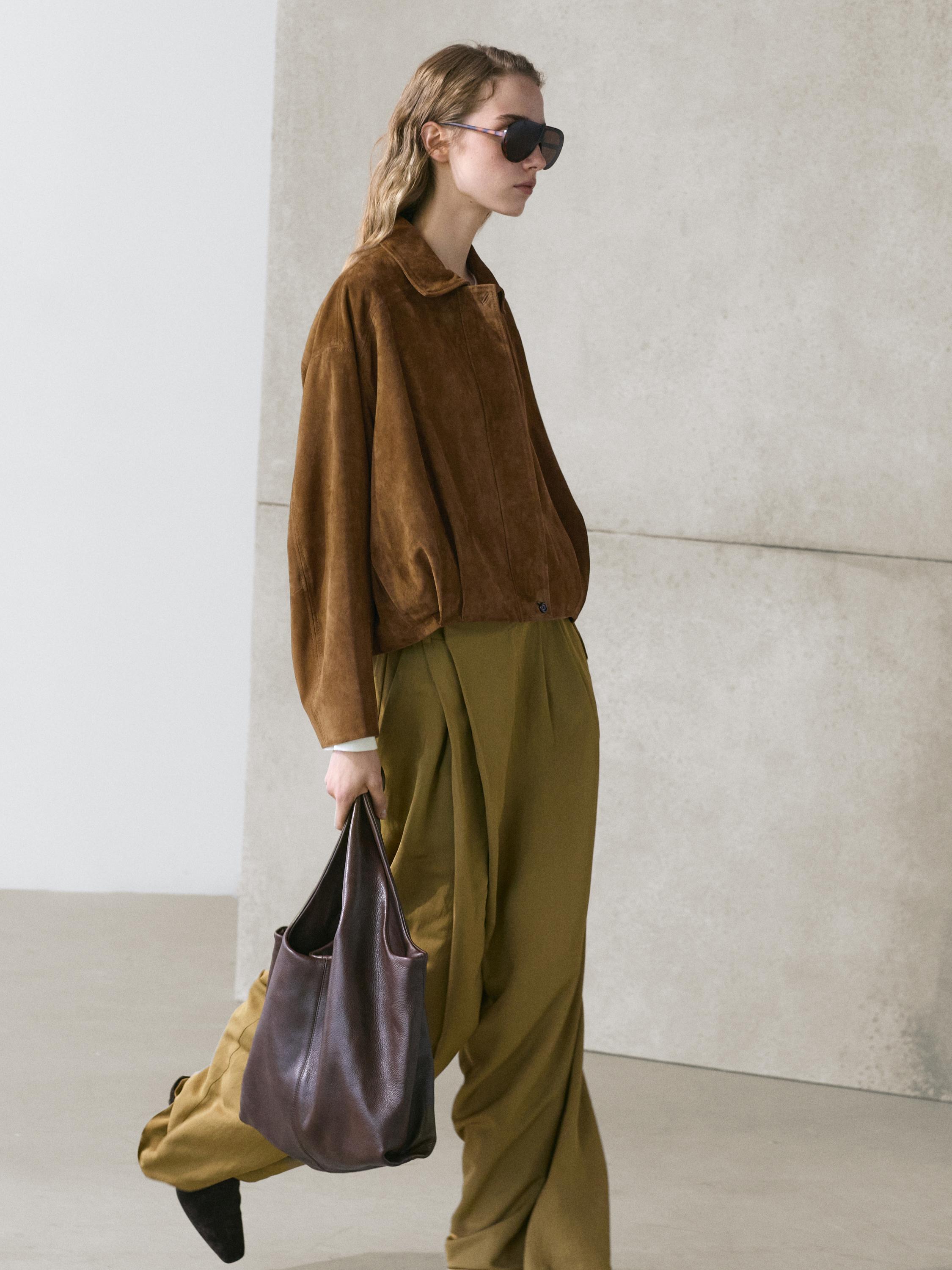 Blouson court bomber en cuir effet daim